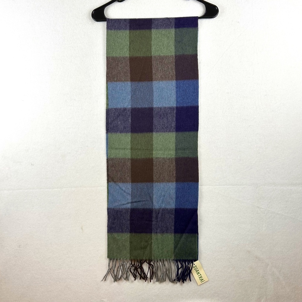 Suantrai of Ireland Wool Cashmere Blend Check Scarf Fringe 62" x 12"